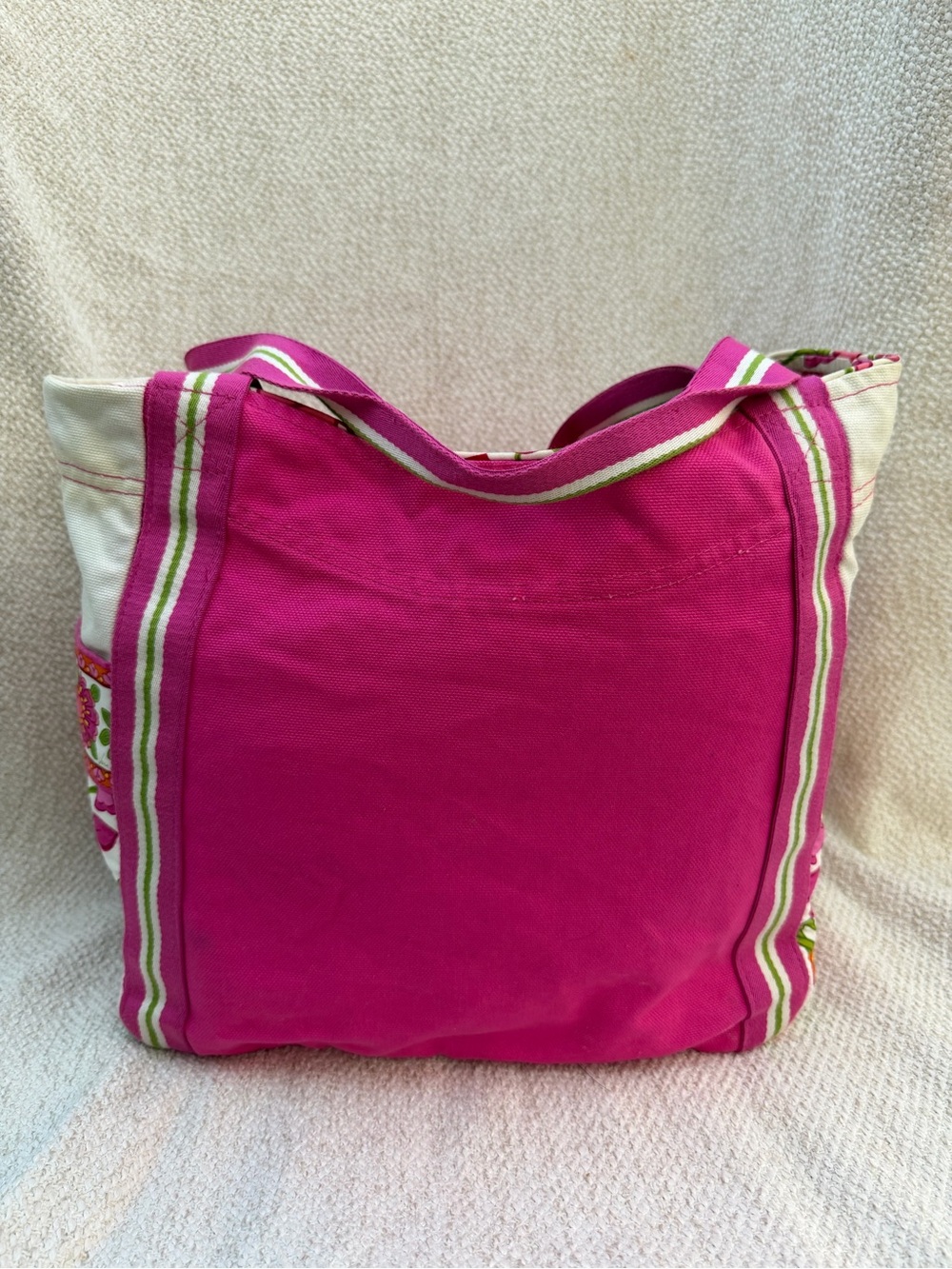 Pink Canvas Tote Bag with Striped Trim
